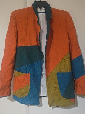 Vintage International Scene Colorblock Linen Blazer Artsy 80s 90s Wearable Art S